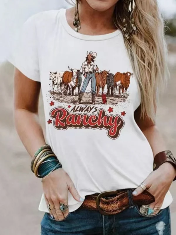 T-shirt da donna estiva irregolare con stampa digitale moda top a maniche corte a colori con scollo a V allentato — foto 23