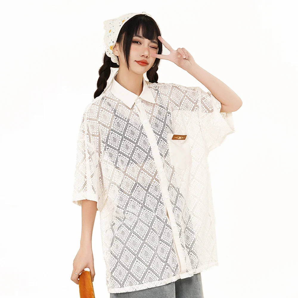 Title 2, Hollow-out Crocheted Lace Short-sleeved Shirt