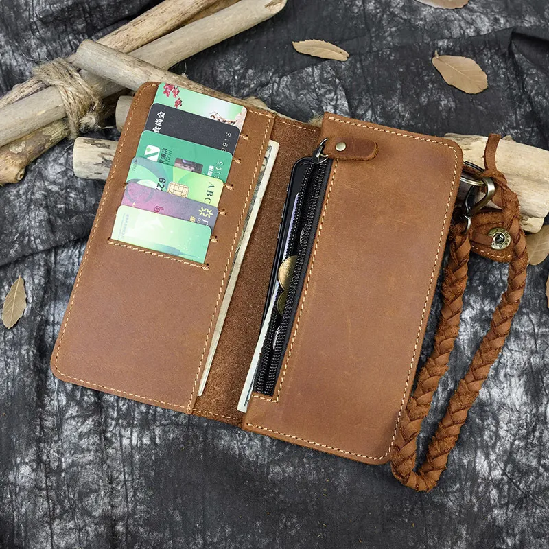 Retro Crazy Horse Leather Long Wallet for Men with Buckle and Woven Leather Belt, perfect for outings and as a clutch. — photo 2