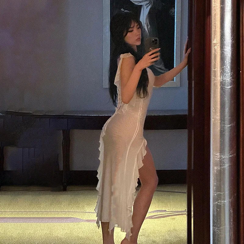 No Back Tulle Micro Transparent Lace Up Spaghetti Strap Dress — photo 15
