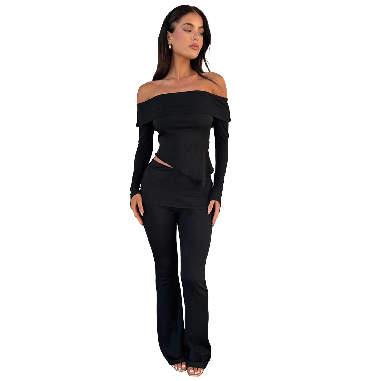 Off-shoulder lapel waist bell-bottom broek tweedelig set. Stijlvol en comfortabel, perfect voor een chique uitstraling. — foto 12