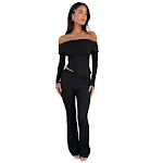 Off-shoulder lapel waist bell-bottom broek tweedelig set. Stijlvol en comfortabel, perfect voor een chique uitstraling. — foto 12