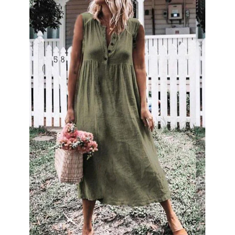 Vestido sem mangas de algodão e linho em cor pura, com saia ampla. Perfeito para um visual elegante e fresco no verão. — foto 2
