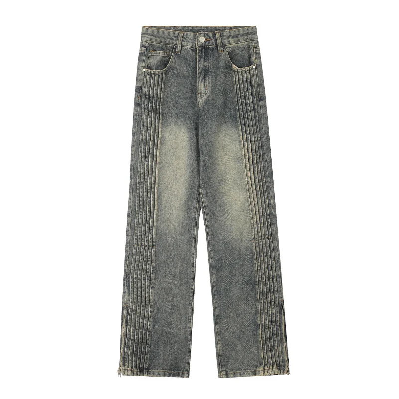 American High Street Side Creases Design Zipper Split Jeans. Stylish and comfortable jeans featuring a unique design for — photo 5