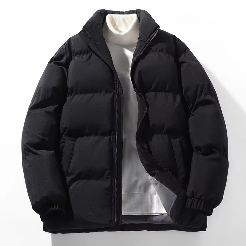 Effen kleur eenvoudige stand-up kraag dikke katoenen gewatteerde jas. Warme winterjas voor heren, comfortabel en stijlvol, perfect voor dagelijks gebruik. — foto 4