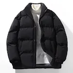 Effen kleur eenvoudige stand-up kraag dikke katoenen gewatteerde jas. Warme winterjas voor heren, comfortabel en stijlvol, perfect voor dagelijks gebruik. — foto 4