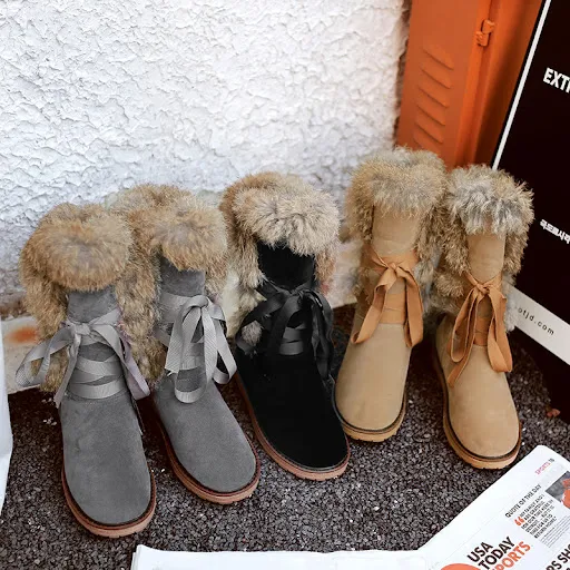 Title 7, Real rabbit fur flat ankle boots. Experience lu...