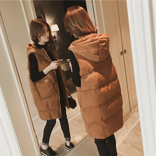 Title 3, Mid-length Black Hooded Down Cotton Vest Coat