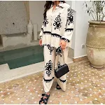Conjunto de calças casuais de camisa de peito único estampado feminino — foto 3