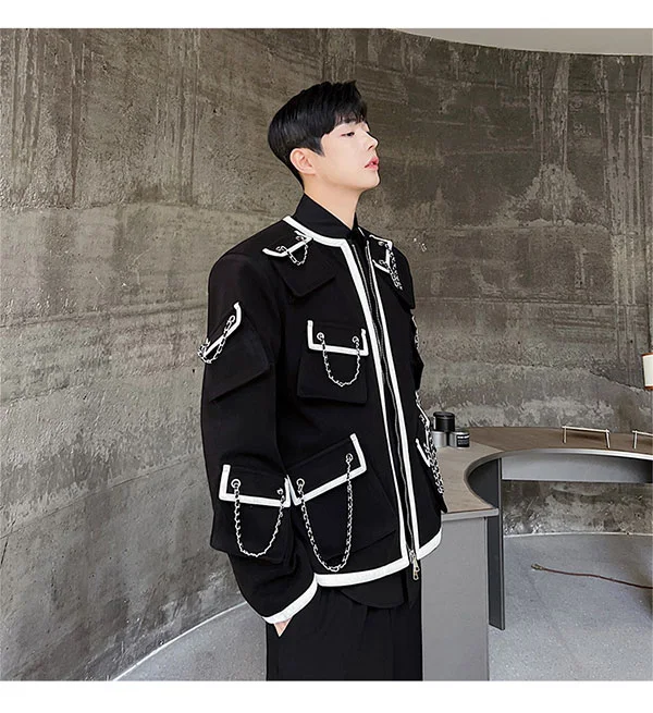 Casaco Clássico Outono Inverno com Múltiplos Bolsos e Corrente, Estilo Temperamento, Design Pesado para um Visual Sofisticado e Confortável — foto 8