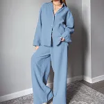 Pijama de camisa de calça de gaze dupla solta calças de manga comprida terno de roupa de casa — foto 13