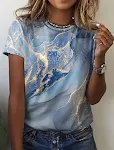 Nova camiseta feminina europeia e americana com estampa retrô abstrata, manga curta. Design moderno e elegante, ideal para diversas ocasiões. — foto 14