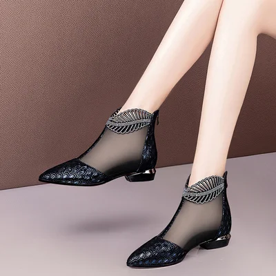 Title 3, Soft Leather Flat Heel Net Boots Womens Hollow...