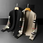 Casaco suéter de cardigan masculino de outono, gola V, xadrez casual, ajuste fino, poliéster, malha, ideal para conforto e estilo no dia a dia. — foto 8