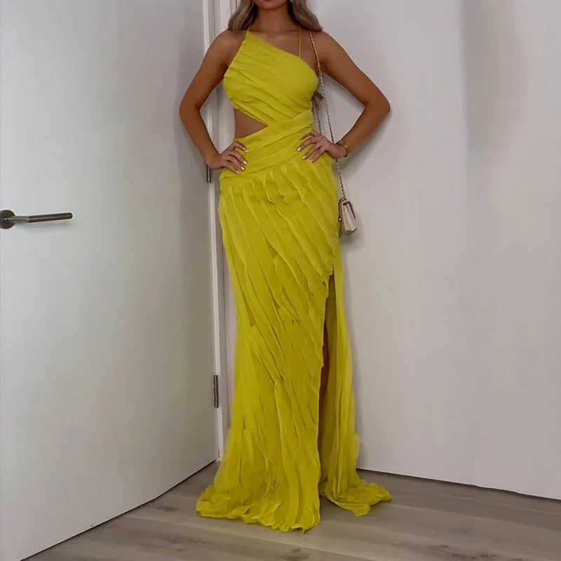 Mouwloze zomerjurk voor dames met diagonale kraag, hoge split, effen kleur, ideaal voor een sexy en modieuze look. — foto 4