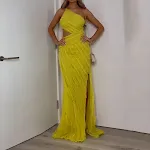 Mouwloze zomerjurk voor dames met diagonale kraag, hoge split, effen kleur, ideaal voor een sexy en modieuze look. — foto 4