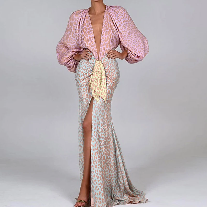 Title 8, Printed Long-sleeved Deep V-neck Dress with Lar...