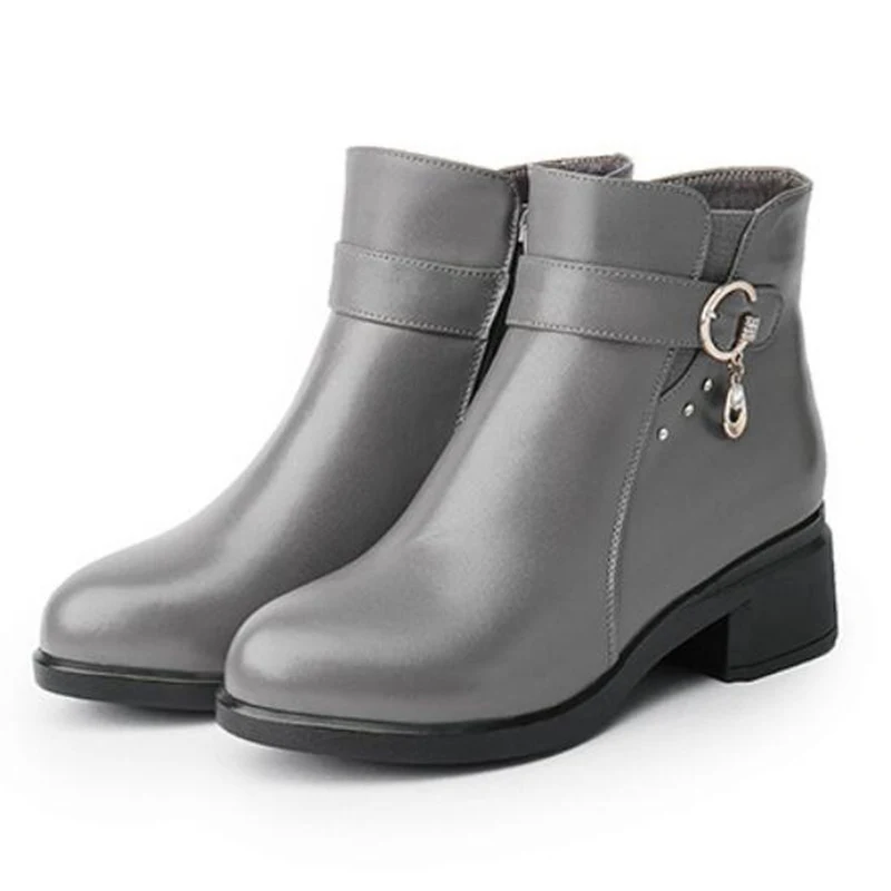 Title 4, Leather short boots thick heel with plush wool ...