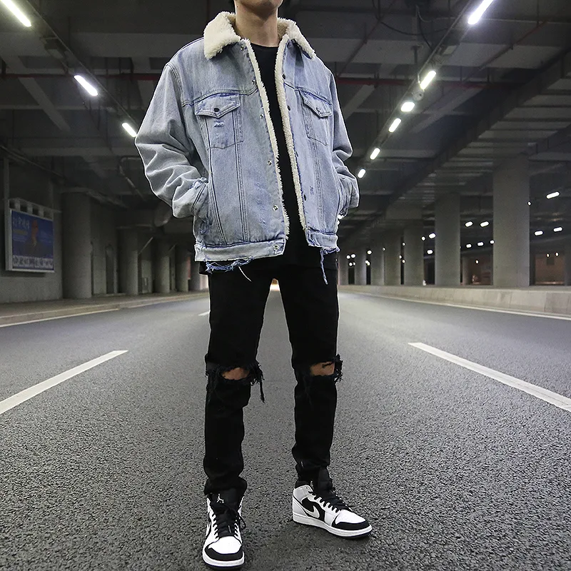 Title 3, Distressed damaged lamb fur collar denim jacket...