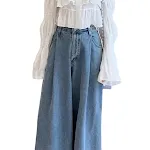 Wide Leg Jeans with Button Pleated Design. Loose, straight fit offers comfortable, stylish wear for any occasion. Get yo — photo 1