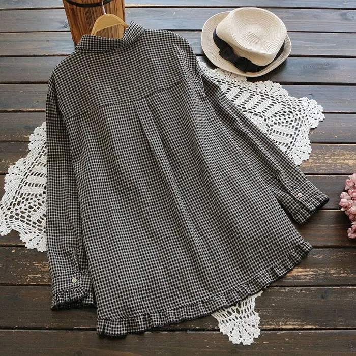 Title 2, Cotton and Linen Ruffled Plaid Lapel Long-sleev...