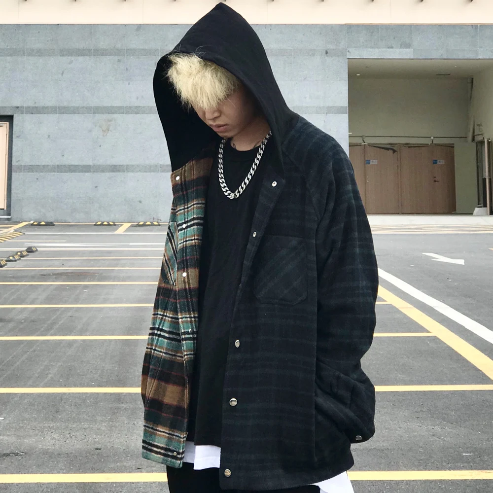Title 12, Color Matching Stitching Plaid Hooded Loose Car...