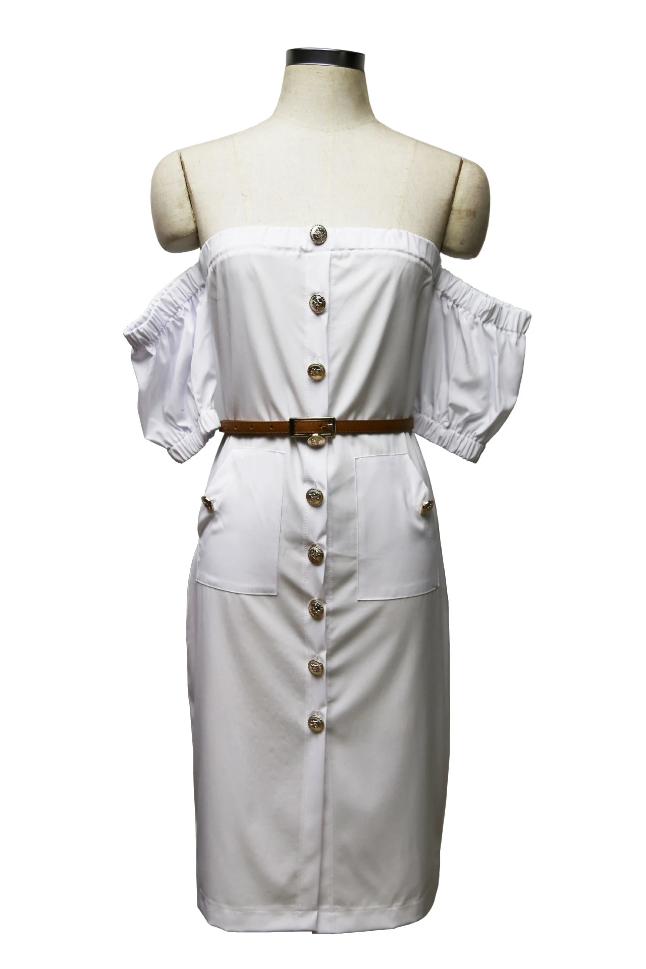 Vestido sexy europeu e americano feminino, com gola ombro único, bolsos com botões e mangas curtas, perfeito para um visual moderno e atraente. — foto 2