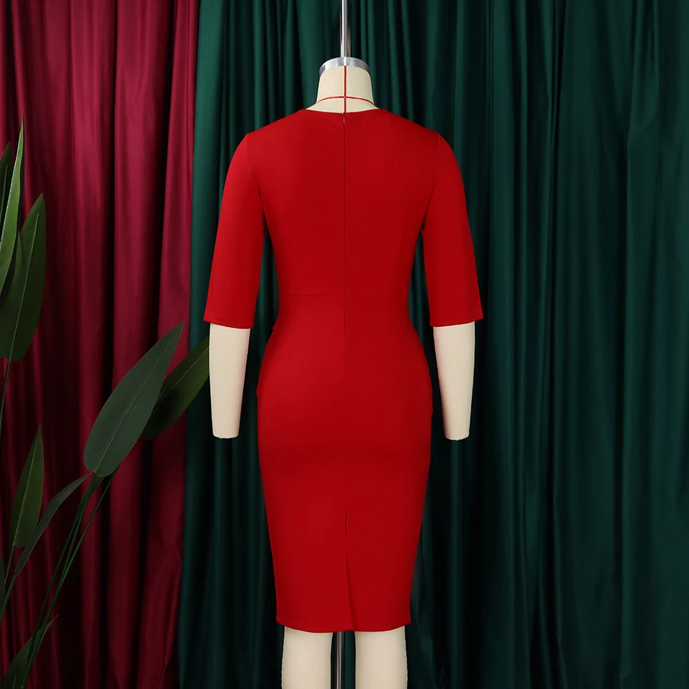 Title 7, V-neck Temperament Sheath Plus Size Solid Color...
