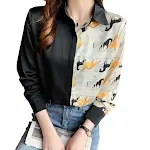 Camisa de manga larga para mujer con costuras y estampado de animales a contraste, ideal para un look moderno y elegante. — foto 4