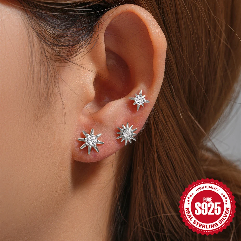 Orecchini S925 in argento sterling, moda semplice, mini geometrici, lucidi rotondi, stelle a otto punte, zirconi a fila singola. — foto 40