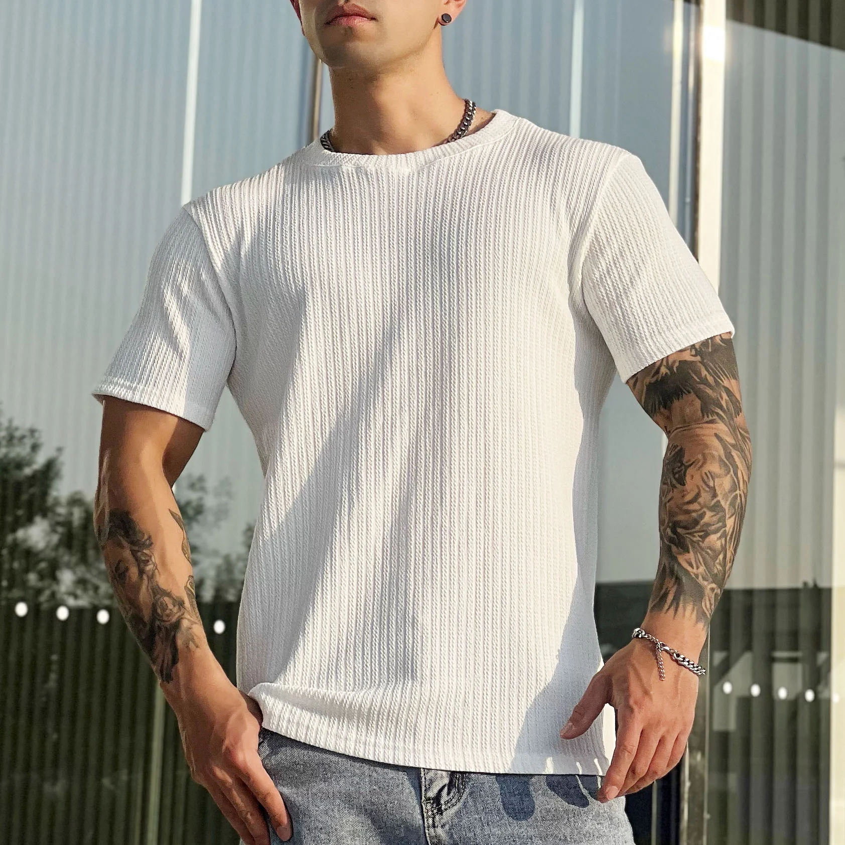 Title 5, Camiseta masculina muscular trançada fina respi...