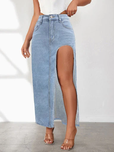 Title 2, Dames Denim Midi Rok met Hoge Split Gewassen Ef...