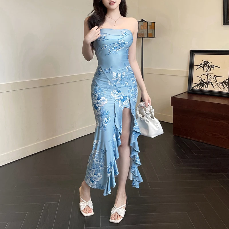 Women's Fashion Printed Tube Top Split Dress, a stylish summer maxi dress, perfect for parties, vacations, or any specia — photo 2