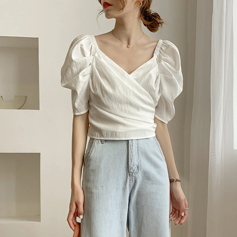 Title 2, Sierlijke chiffon veteroverhemd met pofmouwen, ...