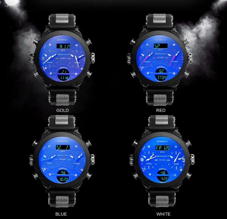 Relógio masculino eletrônico quartzo display duplo 3 fusos horário à prova d'água ideal para quem viaja e pratica esportes com estilo — foto 12