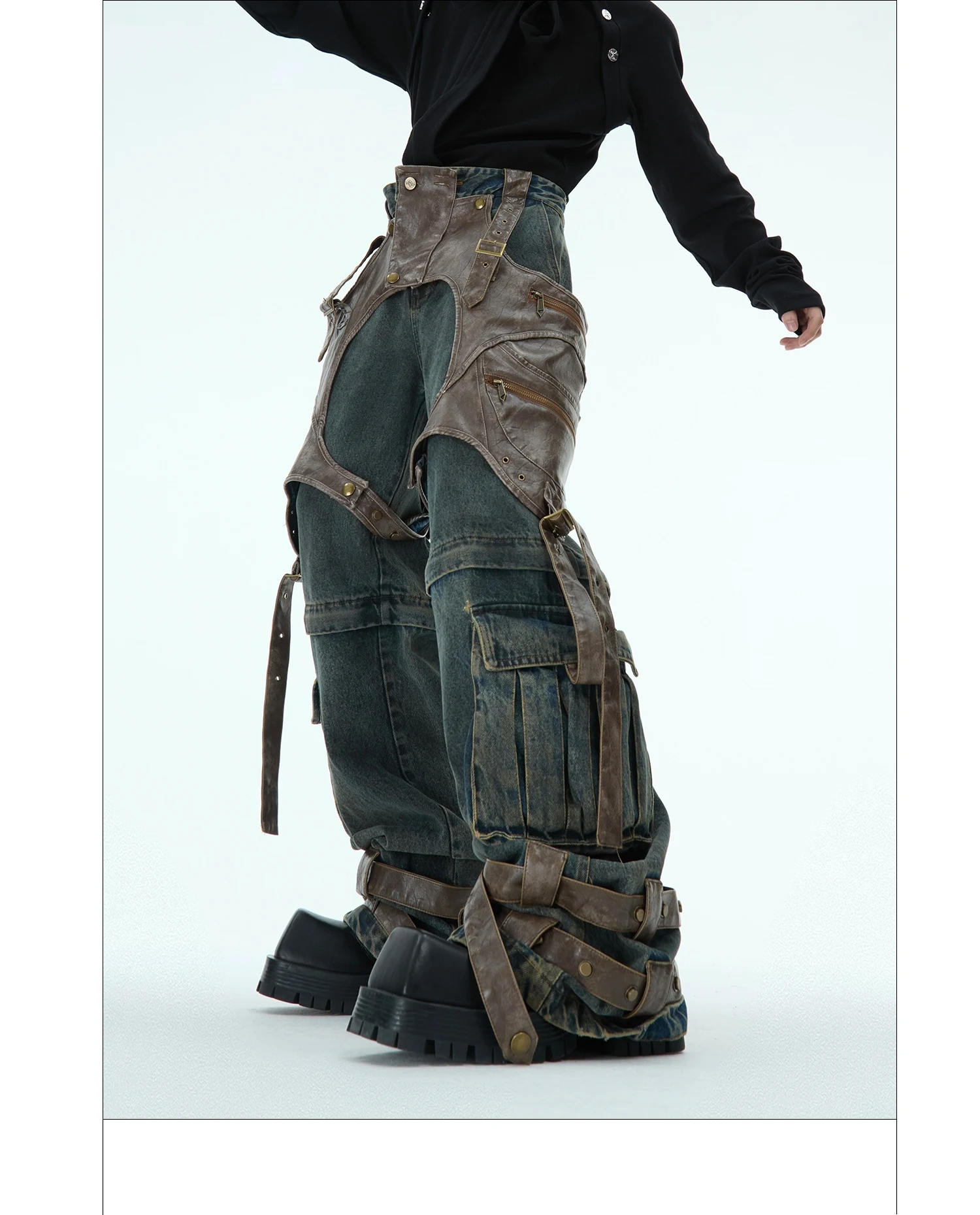 Retro Geconstrueerde Jeans Heren met Afneembare Stiksels — foto 5