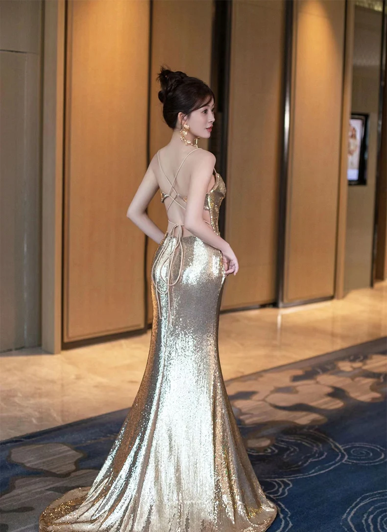 Title 8, Gold Evening Womens Backless Sequin Sling Fish...