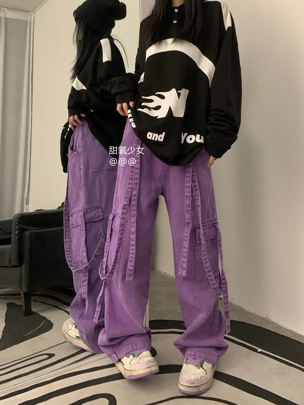 Retro Long Streamer Purple Overalls Straight-leg Trousers, a comfortable and stylish vintage-inspired look for any occas — photo 5