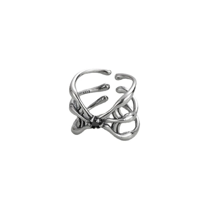 Anillo de plata de ley S925 Serie Oscura Telaraña con circonio negro. Anillo de moda con personalidad única y estilo gótico. — foto 2
