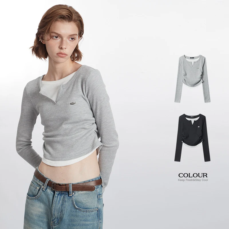 Camiseta manga longa com gola V e design falso de duas peças europeu e americano, perfeita para looks versáteis e modernos. — foto 7