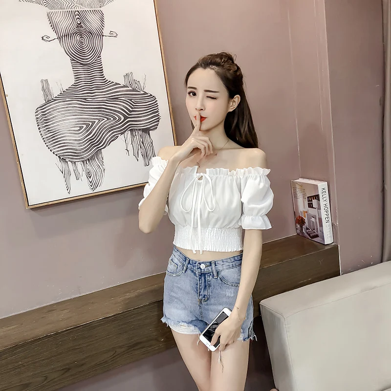 Title 19, Womens High Waist Short Top with One-line Neck...