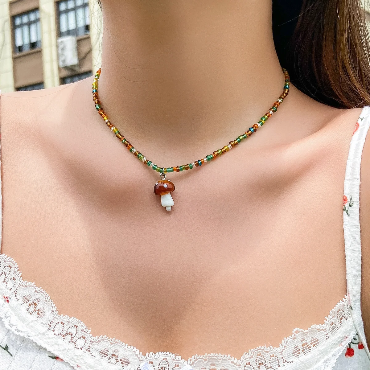 Colar fofo com miçangas coloridas em contraste, estilo férias de verão, colar de cogumelo com miçangas para mulheres, estiloso! — foto 11