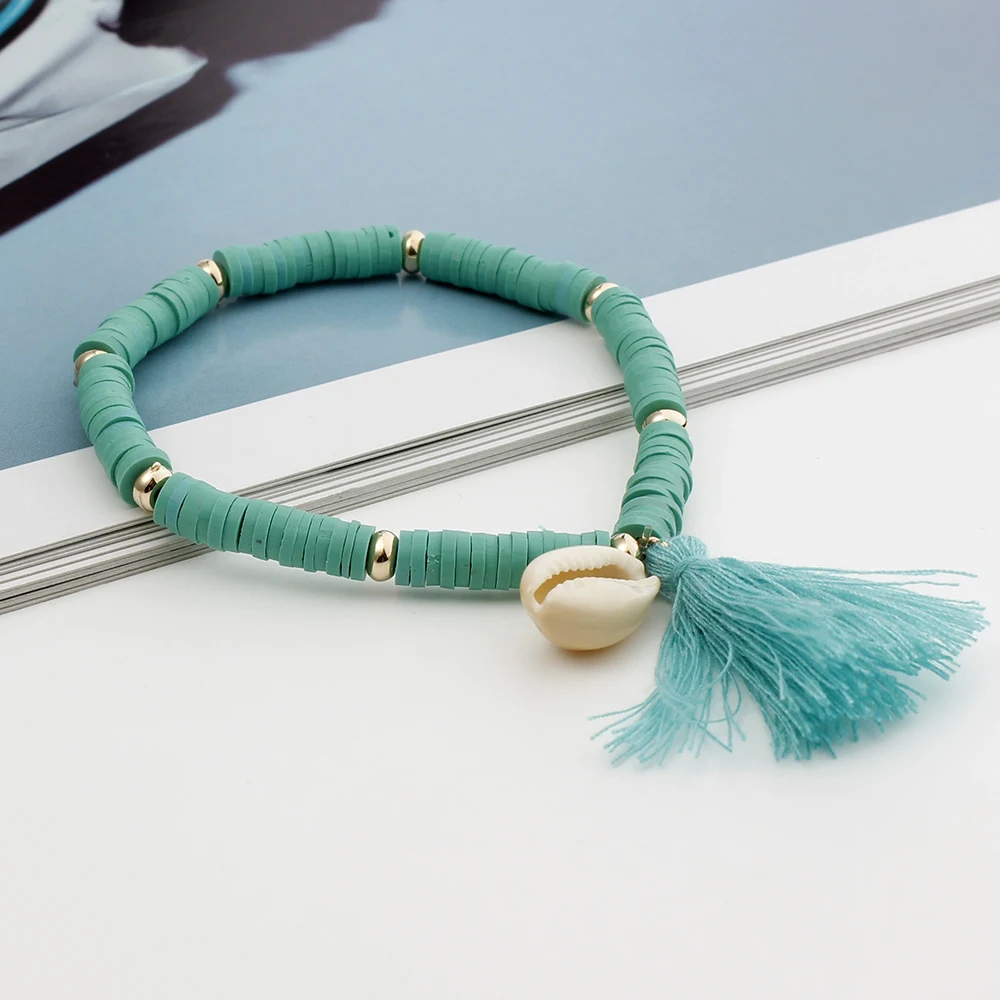 Pulseira Boêmia Arco-íris de Argila Polimérica Colorida com Tassel de Concha, Acessório Verão Charmoso — foto 6