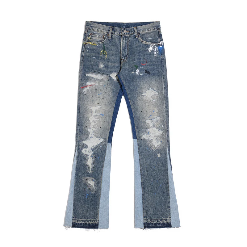 Casual High Street Jeans with Cat Print, Distressed Detailing, Washing, and Ink Splashes. Perfect for a relaxed and styl — photo 2