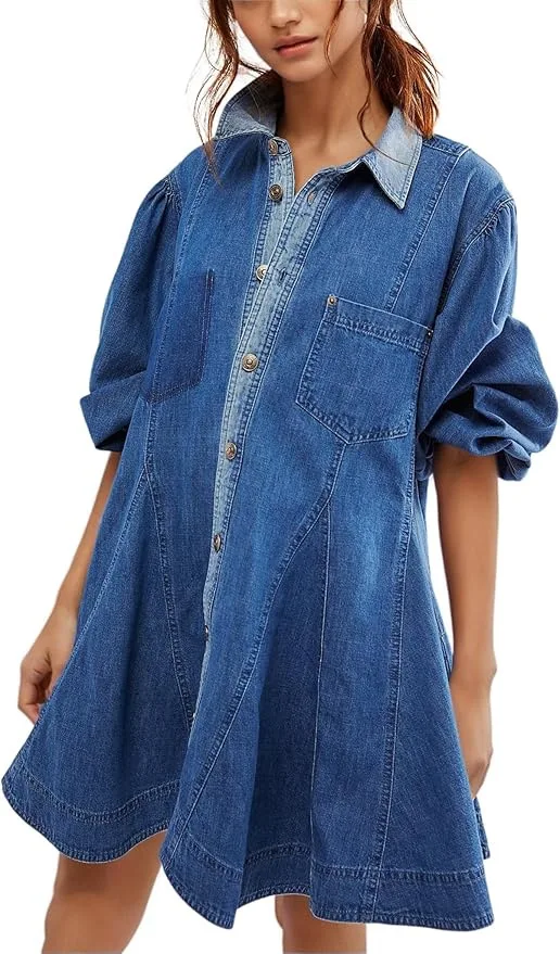 Title 7, Womens Long Lantern Sleeve Button Denim Dress