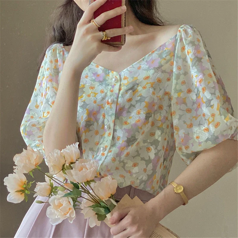 Title 5, Womens Summer French Vintage Chiffon Shirt V-N...