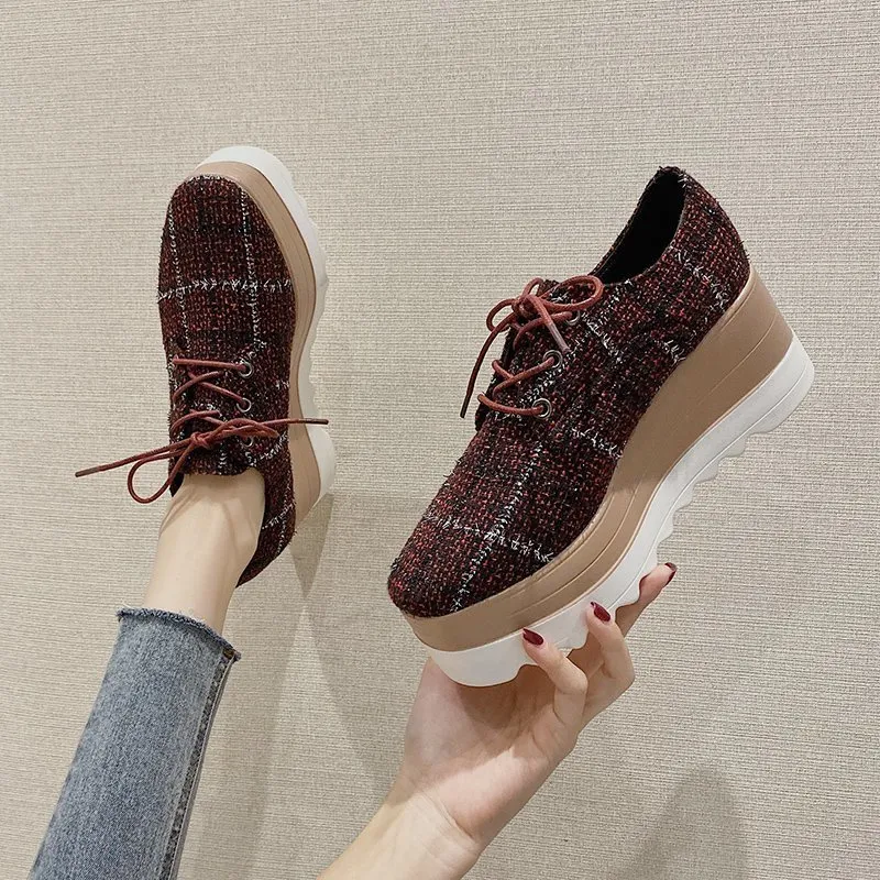 Popular Autumn Women's Low-Top Shoes Korean Fashion Casual High-Heeled Platform with Checkered Flannel Lace-Up. — photo 6