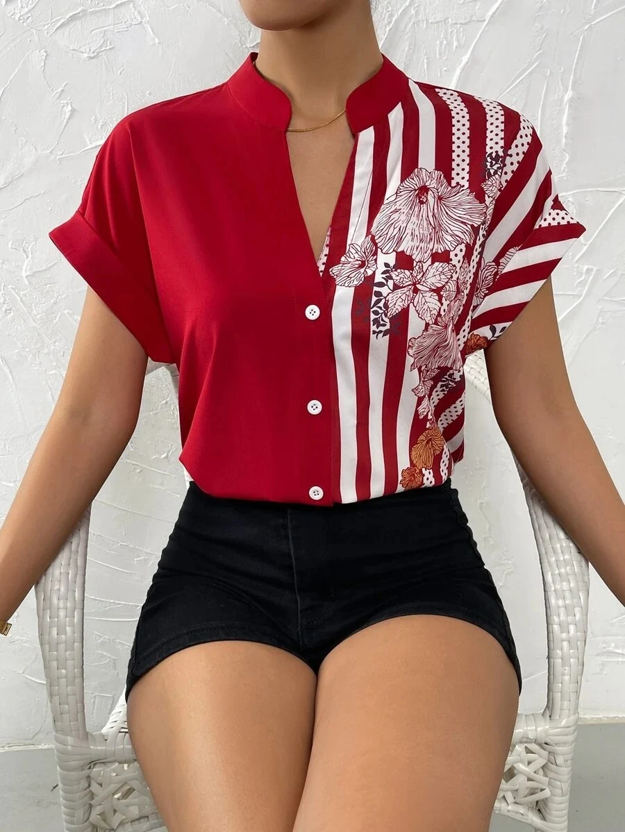 Double Contrast Color Floral Button Cardigan Short Sleeve Shirt, a stylish and versatile top for everyday wear, perfect — photo 35