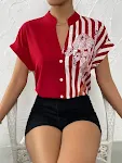 Double Contrast Color Floral Button Cardigan Short Sleeve Shirt, a stylish and versatile top for everyday wear, perfect — photo 35