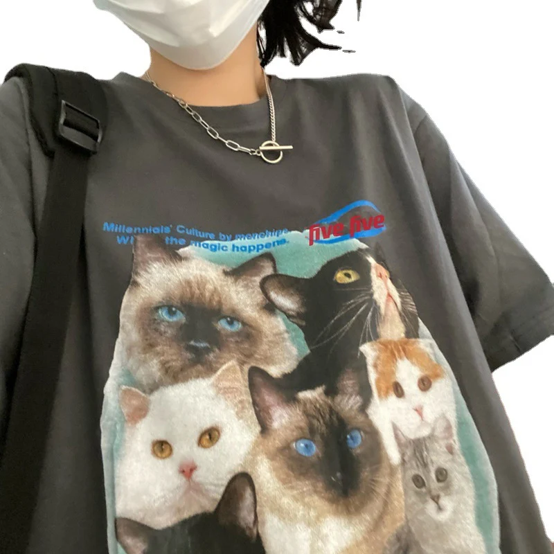 Women's Summer Korean Style Cat Print Half Sleeve T-shirt — photo 1